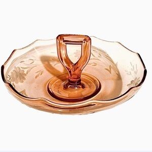 Vintage 1920’s Pink Depression Glass Umbrella Bowl Etched Flowers